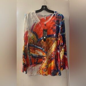 Bright Abstract Long Sleeve Top w/ Distressed Mesh Overlay & Rhinestone Accents